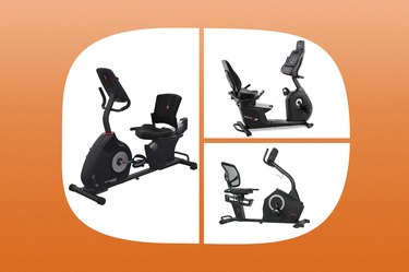 collage of the best exercise bikes with back support isolated on an orange background